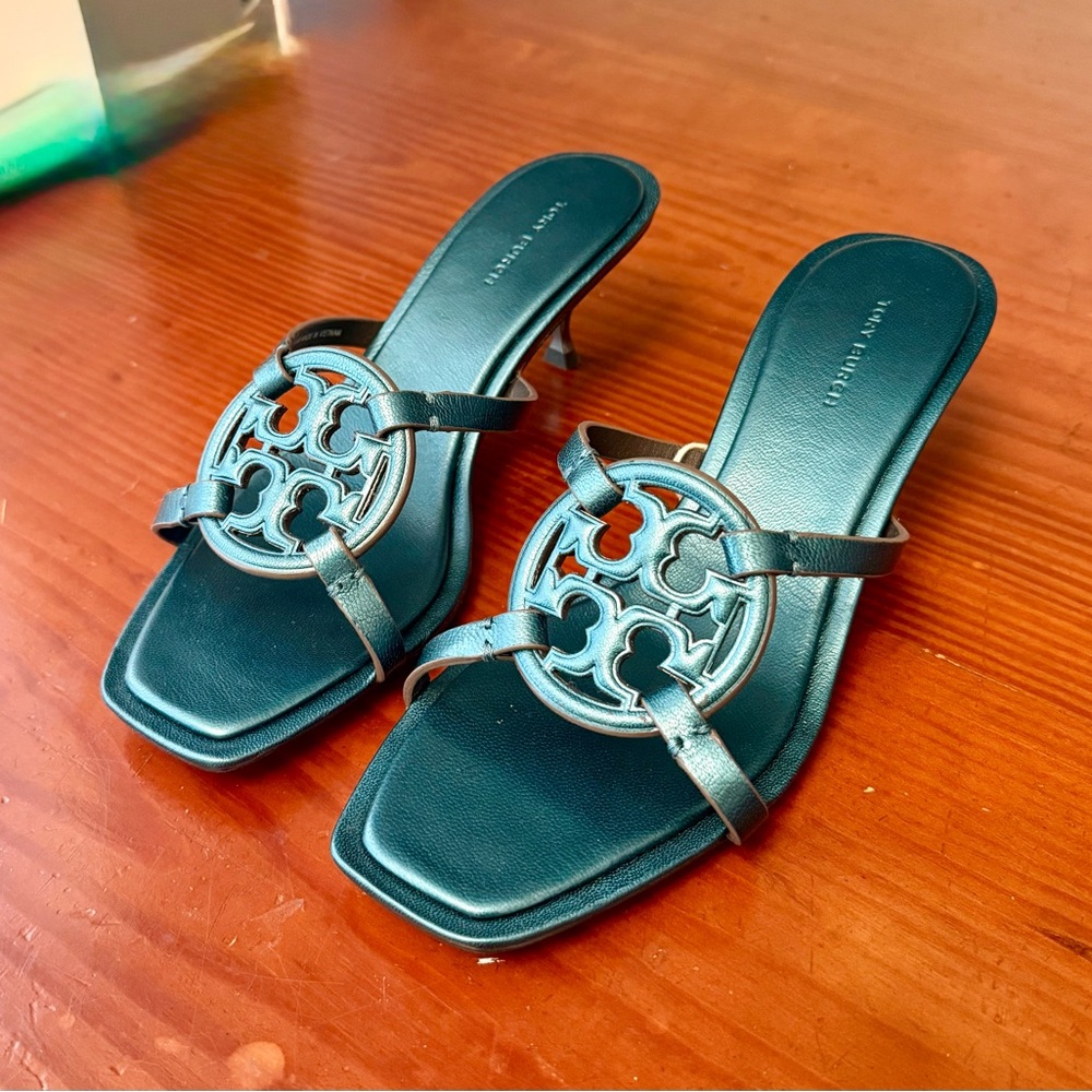 NEW tory burch miller bombe low heel sandal in turquoise, women’s 8.5 - Picture 3 of 11